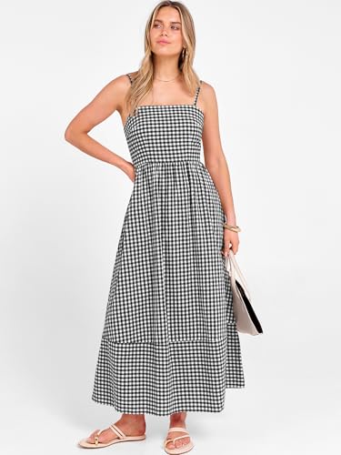 Image of Caracilia Womens Maxi Dresses Gingham Spaghetti Strap Back Smocked Flowy Long Sundress Summer Beach Vacation Clothes 2026
