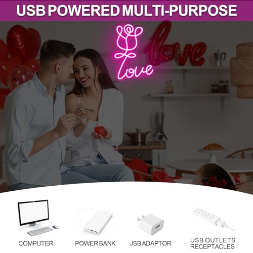 Image of Love Neon Sign, Rose Flower LED Light，For Lovers Gift Photography Background Light Engagement Party Gift Nightlight Love and Rose, Wedding Decoration, 15.7 inchx11.4 inch