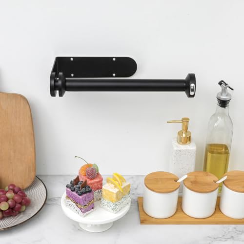 Image of theaoo Under Cabinet Paper Towel Holder for Kitchen, Easy One-Handed Tear, Quick Release Knob for Easy Roll Loading, Wall-Mounted Dispenser, Self-Adhesive or Drill Mounting, Black Stainless Steel