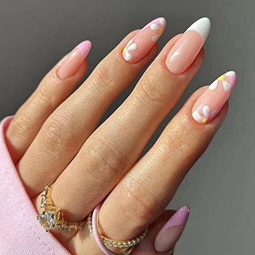 24Pcs Daisy Press on Nails, Medium Almond Fake Nails French Tip Press on Nails Coffin Spring Summer Nail Art Supplies Exquisite Design Daisy Flowers Acrylic Press on Nails Pink for Women (Style3)
