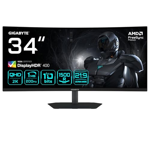 GIGABYTE G34WQC2 Monitor Gaming Curvo 34” WQHD – 3440 x 1440, 1500R, 200Hz, 1ms, 450 CD/m², AMD FreeSync Premium, DisplayHDR 400, HDMI 2.0, Displayport 1.4