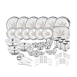 Classic Essentials Juego de vajilla de acero inoxidable | Juego de vajilla de acero inoxidable de calibre pesado | Juego de cocina para el hogar | Juego Shagun | Diseño impreso con láser, juego (arce,