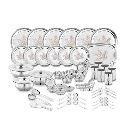 Image of Classic Essentials Stainless Steel 61-Piece Dinner Set for 6 People | Heavy Gauge Kitchen Dining Set | Permanent Laser-Maple Design | Durable Rust-Resistant Tableware for Home & Festive Use
