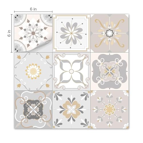 Image of Moroccan Tile Stickers | Waterproof Self Adhesive Peel & Stick Tile Decals for Kitchen Backsplash, Bathroom Wall, Floor, Furniture & Glass (4x4 Inch, Design 73)