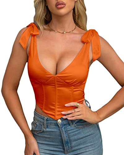 Beumissy Women's Vintage Corset Crop Top Sexy V-Neck Satin Boned Zip Back Bow Tie Bustier Top(Orange,Medium) #TOP4