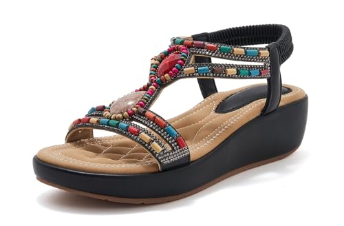 Women's Comfortable Sandal Bohemia Wedge Sandals with Rhinestone Beaded Ankle Strap Sandals Beach