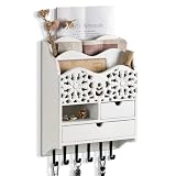 Dhmkfly 3-Slot Mail Sorter Organizer Wall Mount with 6 Hooks, Key Holder for Wall Decorative with 2 Drawer, Key Rack Hanger for Home Coat/Letter/Magazines/Dog Leash/Entryway/Room Decor