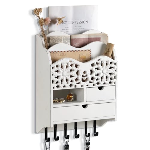 Dhmkfly 3-Slot Mail Sorter Organizer Wall Mount with 6 Hooks, Key Holder for Wall Decorative with 2 Drawer, Key Rack Hanger for Home Coat/Letter/Magazines/Dog Leash/Entryway/Room Decor
