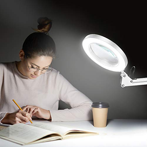 LED Magnifier Desk Lamp, 5X Magnifying Glass with Light, 3 Modes 10 Dimming, Foldable Metal Arms and Adjustable Clamp Base for Close Work Hobby Repairing Reading Crafts