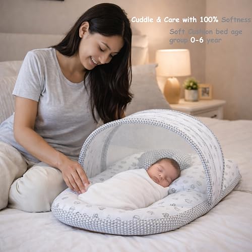 Image of Fareto Combo of Baby Bed with Net | Carry Bag | 4 Pcs Bedding Set (0-6 Months, Baby Size, Cotton) (Grey Taj)