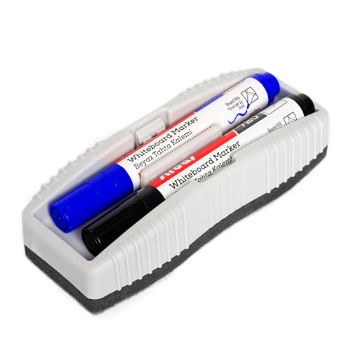 SIRDAS Whiteboard Eraser and Dry Erase Marker Set, Integrated Red & Black Bullet Tip Markers, Low Odor, Quick-Drying for Classroom, Office, and Home Use