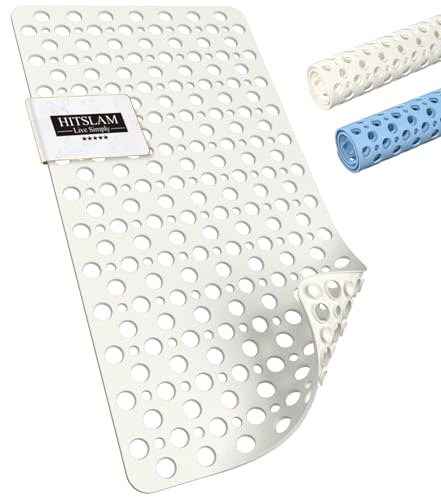 HITSLAM Bath Mat Non Slip Anti Mould, 70 x 38cm TPE Shower Mat for Bathtub & Shower, Machine Washable with Large Drain Holes and Strong Suction Cups, Fast Draining, White