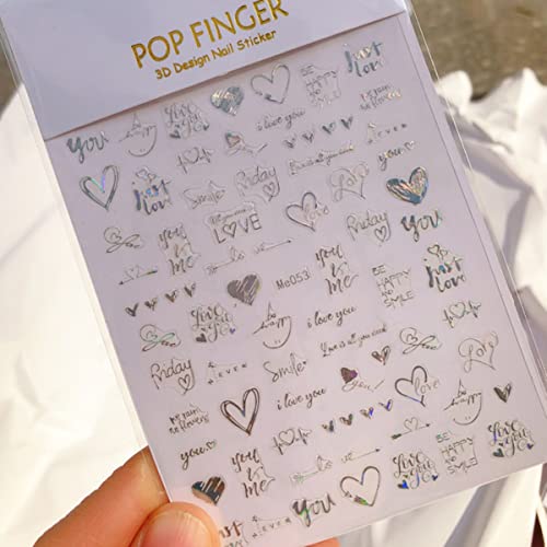 6 Sheets Heart Nail Art Stickers 3D Self-Adhesive Hearts Nail Decals Black White Gold Silver Laser Heart Love Nail Design English Letter Nail Stickers For Acrylic Nails Valentines Nail Accessories #TOP4