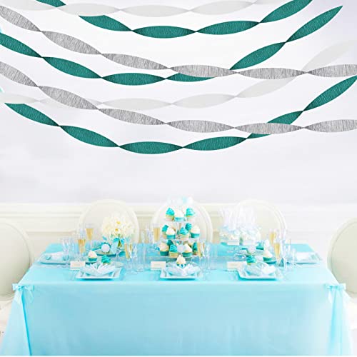 Image of Teal-Turquoise White Silver Party-Decorations Streamers - 9 Rolls Woman Girl Birthday Crepe Tissue Paper Streamer Graduation Wedding Bachelorette Engagement Bridal Baby Shower Garland Decor Panduola