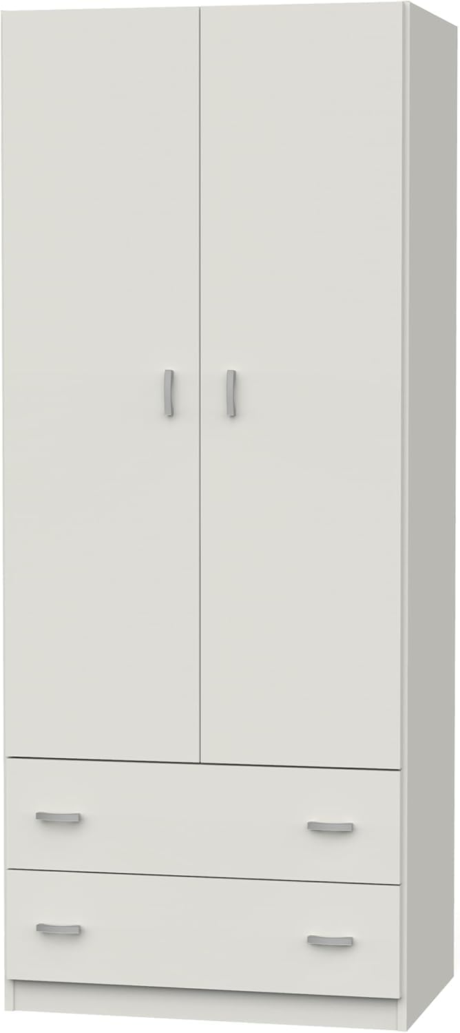 Armario Ropero Blanco de 2 Puertas con 2 Cajones, Moderno y Espacioso para Dormitorio, Organizador de Ropa y Almacenaje 180x74x52 (AltoxAnchoxFondo)