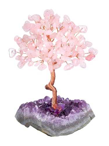 Jovivi Rose Quartz Crystal Tree of Life with Amethyst Cluster Base, Feng Shui Bonsai Decor for Positive Energy, Handmade Pink Room Office Desk Tree Decor