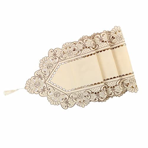 Sourcingmap Flowers Dining Table Runner Embroidered Tassel Light Beige Rose 15x59 Inch, 15"x59"