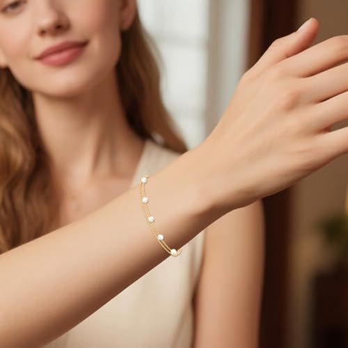 SISGEM 14k Gold Freshwater Cultured Pearl Layered Bracelet for Women, 14kt Wrist Jewelry Gifts for Her, 6.2-7.8 inches2