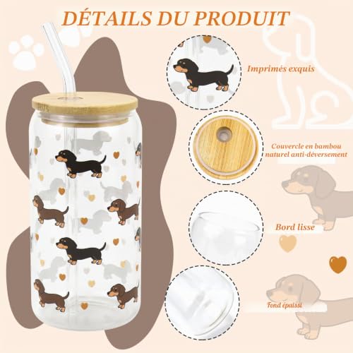 Mjuthy Set de 2 verres à teckel avec couvercle et paille, 500ml gobelet avec paille pour matcha, café glacé, cocktail, whisky, jus, bière, bubble tea, milkshake et smoothie – vue 2