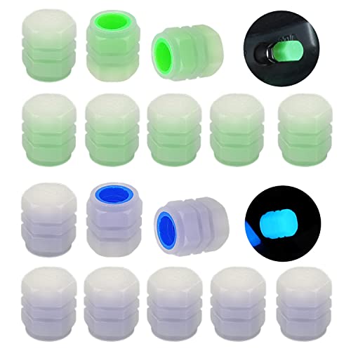 16Pcs Tapas de VáLvula de Neumático de Coche Fluorescentes ,Tapones Universal Car Tire Valve Caps , Luminoso Rueda Vástago Cubierta para Moto, Camione, Bicicletas(8 Verdes+8 Azules)