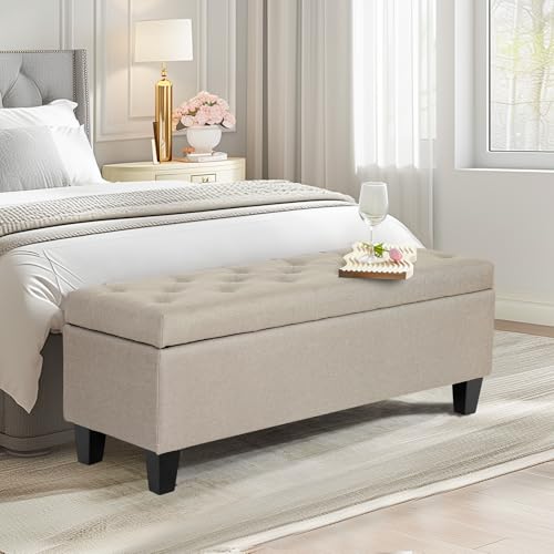 Image of Redlife Storage Ottoman Bench, End of Bed Storage Bench with Safety Hinge, Large Upholstered Benches, Modern Accent Bench for Living Room, Entryway for Living Room Entryway Champagne