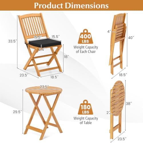 Tangkula 3 Piece Patio Folding Bistro Set, Outdoor Acacia Wood Chair and Table Set w/Padded Cushion& Round Coffee Table, Ideal for Indoor Patio Poolside Garden (Black) - 4