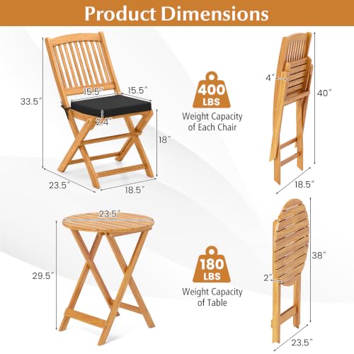 Image of Tangkula 3 Piece Patio Folding Bistro Set, Outdoor Acacia Wood Chair and Table Set w /Padded Cushion& Round Coffee Table, Ideal for Indoor Patio Poolside Garden (Black)