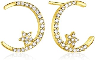 Moon Star Stud Earrings for Women - Hypoallergenic CZ Earrings, 14K Gold Plated Pierced Stud Earrings for Birthday Christmas Jewellery Gift