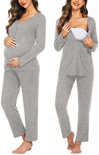 Ekouaer Womens Delivery and Nursing PJ Sets Long Sleeve Pj Sets for Breastfeeding with Adjustable Pants Grey