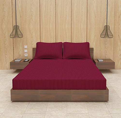 Image of BEVI - Home Premium Self Striped Double King Bedsheet with 2 Pillow Covers 300 TC Ultra-Soft 300 TC Microfiber Bed Sheet| Size (90 inch x 100 inch) Wine