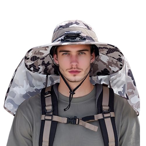Sombrero con ventiladores de energía solar | Sombrero de camping parasol ajustable UPF50+ con ventilador solar para playa, senderismo, al aire libre, deportes, pesca, Color crema, L