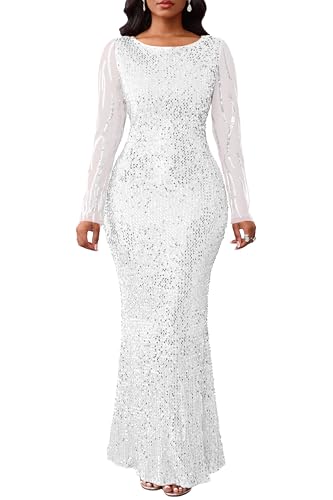 Image of VERWIN Women's Sequins Bodycon Round Neck Long Sleeve Sparkly Mermaid Maxi Dress for Casual Party Cocktail