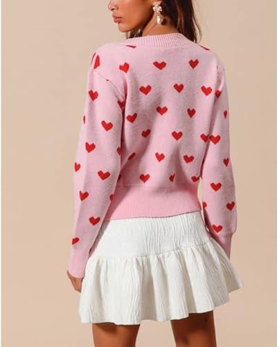 Image of Valentine's Day Cardigan Sweaters for Women Love Heart Print Button Down Cropped Cardigans Y2K Open Front Knit Sweater