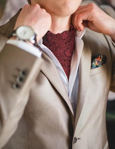 Image of Barry.Wang Ascot Ties Cravat Tie Men Paisley Plaid Scarf Self Tie Pocket Square Cufflinks Set Wedding Party
