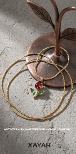 Image of Xayah Tulip Pendant Necklace for Women, Mini Red Crystal Flower Charm with Green Leaf Accents, Gold-Toned Chain, Stainless Steel Anti Tarnish Waterproof Hypoallergenic, Gift for Her
