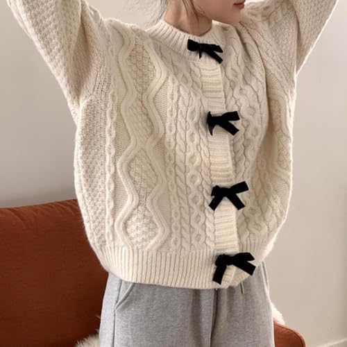 Womens Bow Knot Cardigan Sweater Long Sleeve Crew Neck Cable Knit Cardigan Coats Y2K Open Front Pullover Tops4