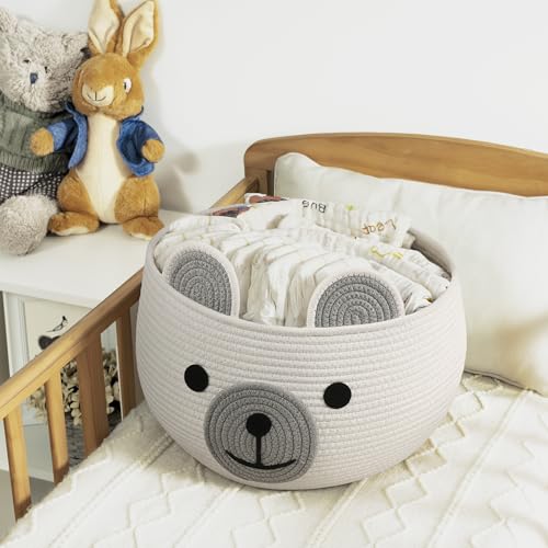 Image of CherryNow Baby Basket for Nursery, Woven Rope Baby Shower Basket, Cute Baskets for Gifts Empty, Diaper Caddy Organizer with Handles, White, 15.7 inchD x 10.5 inchH