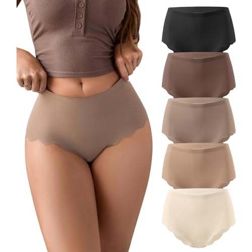 SHARICCA Seamless High Waisted Underwear for Women Cheeky Underwear Wave Edge No Show Bikini Panties Ribbed Panties Pack X-Large 5p - Brown