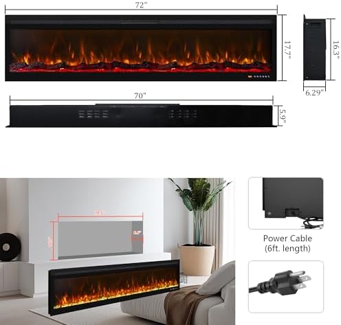 Linear Electric Fireplace 72 Inch, APP & Touch Screen & Remote Control, 13X13 Flame Color Combinations, Timer & Thermostat Fireplace Heater