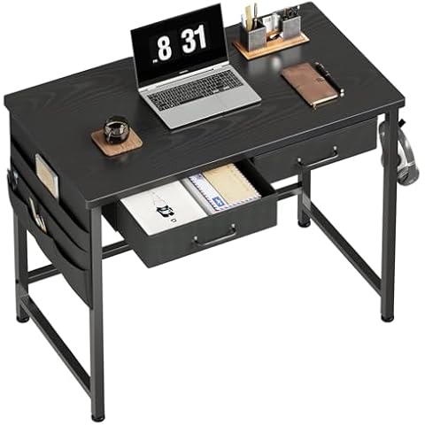 Ｍａｉｈａｉｌ Maihail Small Desk with Drawers, 31.5 inch Small Computer Desk with Drawers, Writing Desk for Small Spaces, Small Office Desk with Metal Frame, Black Cover