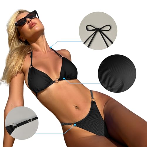 Image of MIKETAI Sexy Bikinis for Women 2 Piece Bikini Spaghetti Strap Swimsuits Solid Color Bathing Swimwear Triangle Bathing Suit