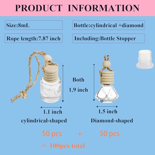 Image of 100pcs 8ml Hanging Car Air Freshener Diffuser Car Diffuser Bottles,Empty Refillable Clear Glass Essential Oil Fragrance Perfume Pendant Glass Vials with Wooden Caps Car Diffuser Air Freshener