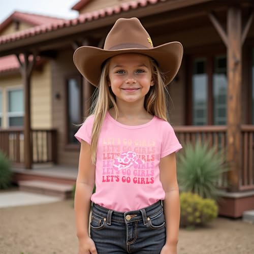 Image of MODNTOGA Toddler Girl Leopard Cowboy Hat Graphic Tshirt Retro Western Cowgirl Shirt Let's Go Girls Print Short Sleeve Tee Top