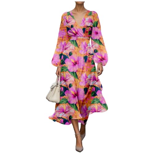 Spring and Autumn Women's Dress Long Sleeve V-Neck A-line Dress Fashionable and Elegant Dress Casual Floral Print
