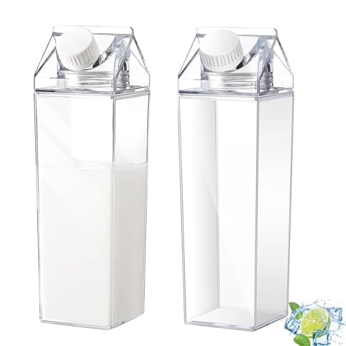 Yudobliss 2 Piezas Botella de Agua Transparente, 500 ml de Cartón de Leche Transparente, Botella Contenedor de Zumo, Reutilizable, Botellas de Agua de Cartón de Leche, para Almacenar Bebidas, Leche