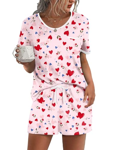 Image of Ekouaer Pajama Set for Women 2 Piece Lounge Set Short Sleeve Tops and Shorts Soft Sleepwear, Chest Pocket