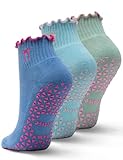 Juclise Pilates Grip Socks Cute Ruffle Yoga Socks, Cotton Ankle Socks Grippy Silicone for Barre, Moisture Wicking, Arch Support, Cushioned, Hospital Socks(L,Seafoam+Deep Aqua+Blue Paradise)