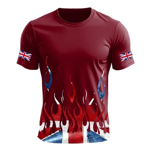 Camiseta de manga corta para hombre con estampado de llamas, camiseta de manga corta con detalles de la bandera del Reino Unido, parte superior llamativa para el tiempo libre, Style_f01 Vino Rojo, L