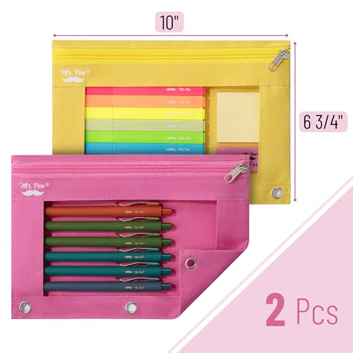 Image of Mr. Pen- Pencil Pouch for 3 Ring Binder, 2 Pack, 10 inchx6.75 inch, Smooth Zipper | Clear Window, Large Capacity Pencil Case with 3 Reinforced Grommets for School, Office, Supplies Storage | Clear Window, Large Capacity Pencil Case with 3 Reinforced Grommets for School, Office, Supplies Storage