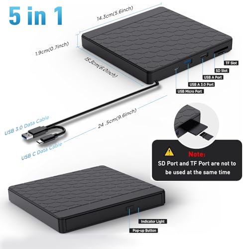 Image of External CD /DVD Drive for Laptop, CD Burner with 2 USB Ports &TF /SD Card Slots, DVD Player for Laptop, USB 3.0 DVD Drive External CD Reader Compatible with Laptop Desktop PC Windows 11 /10 /8.1 /7 Mac